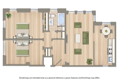 Floor plan for 2 beds, 1 bath, 1036 sqft